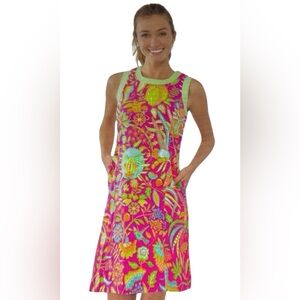 GRETCHEN SCOTT Back Button Vibrant Pink Green Hummingbird Heaven Pocket Dress S